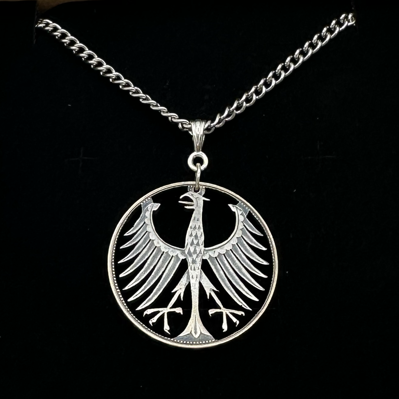 Germany Eagle 5 Mark Hand Cut  Silver Coin Necklace on black velvet background. - Mountainstruck Coin Jewelry