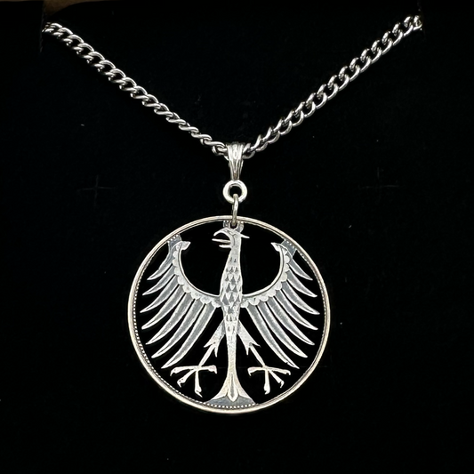 Germany Eagle 5 Mark Hand Cut  Silver Coin Necklace on black velvet background. - Mountainstruck Coin Jewelry