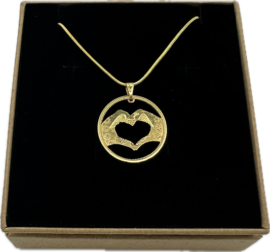 Gold Plated Heart Hands Hand Cut Token Necklace - Mountainstruck Coin Jewelry