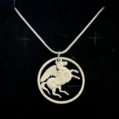 Greece Pegasus 5 Drachmai Hand Cut Coin Necklace with a snake chain on a black velvet background. - Mountainstruck Coin Jewelry