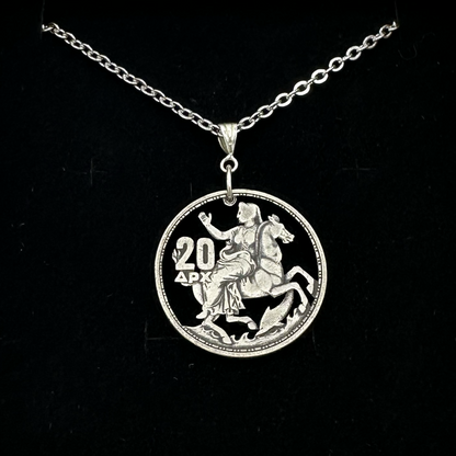 Greek 20 Drachmai Hand Cut Silver Coin Necklace on black velvet background. - Mountainstruck Coin Jewelry