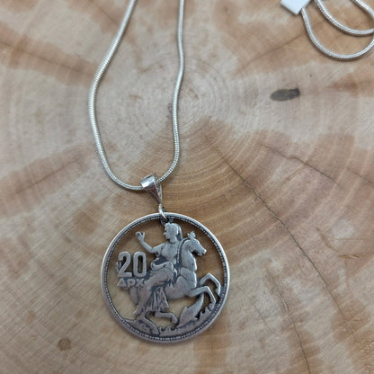 Greek 20 Drachmai Hand Cut Silver Coin Necklace on wood background. - Mountainstruck Coin Jewelry