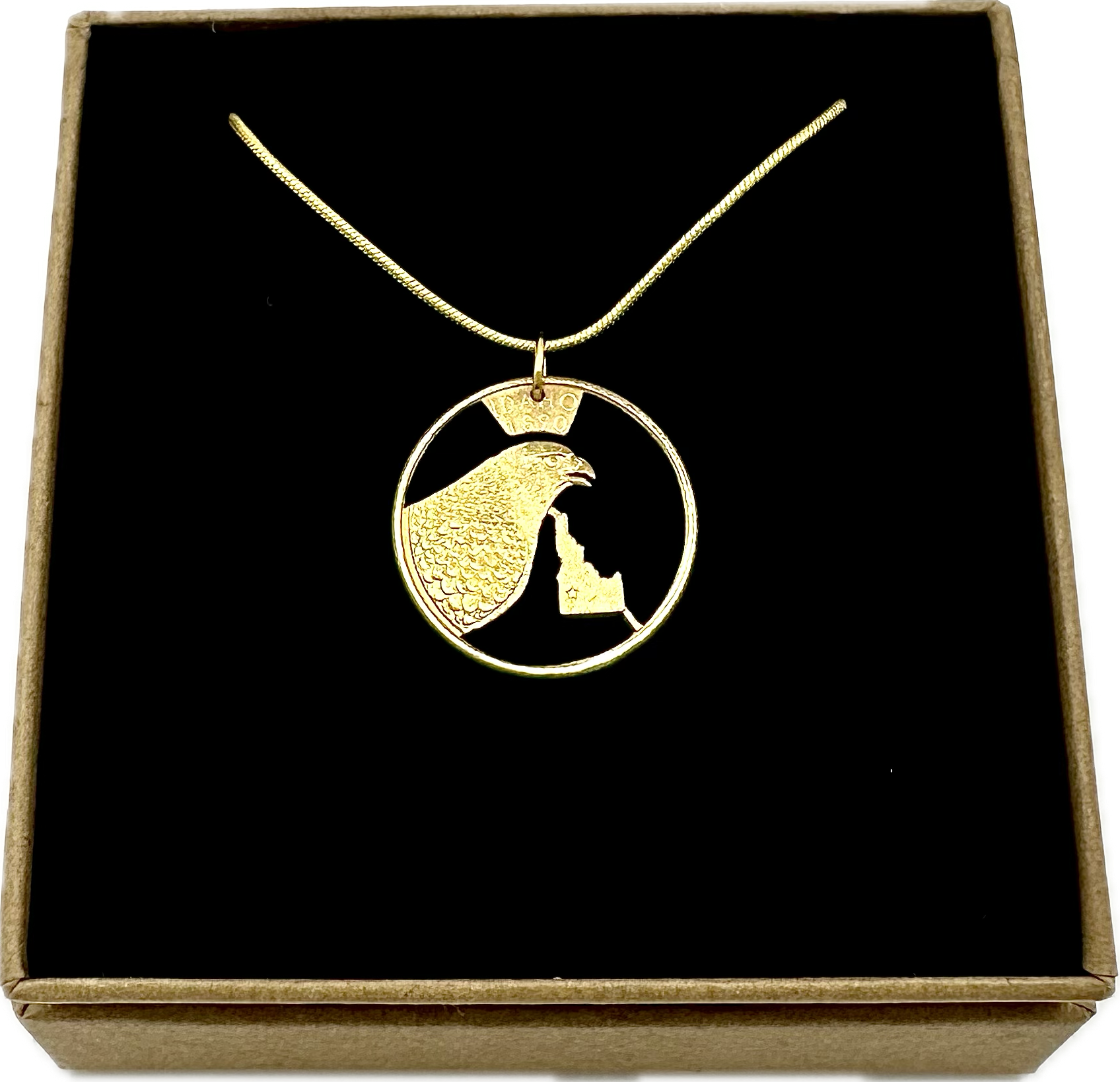 Idaho State Quarter Hand Cut Coin Necklace Gold Plated - Mountainstruck Coin Jewelry