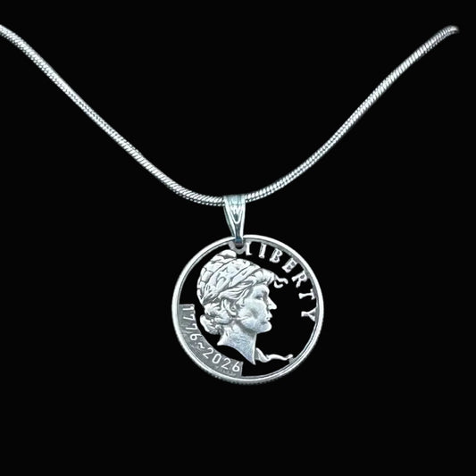 U.S. 2026 "Lady Liberty" Dime Hand Cut Coin Necklace on a black background. - Mountainstruck Coin Jewelry