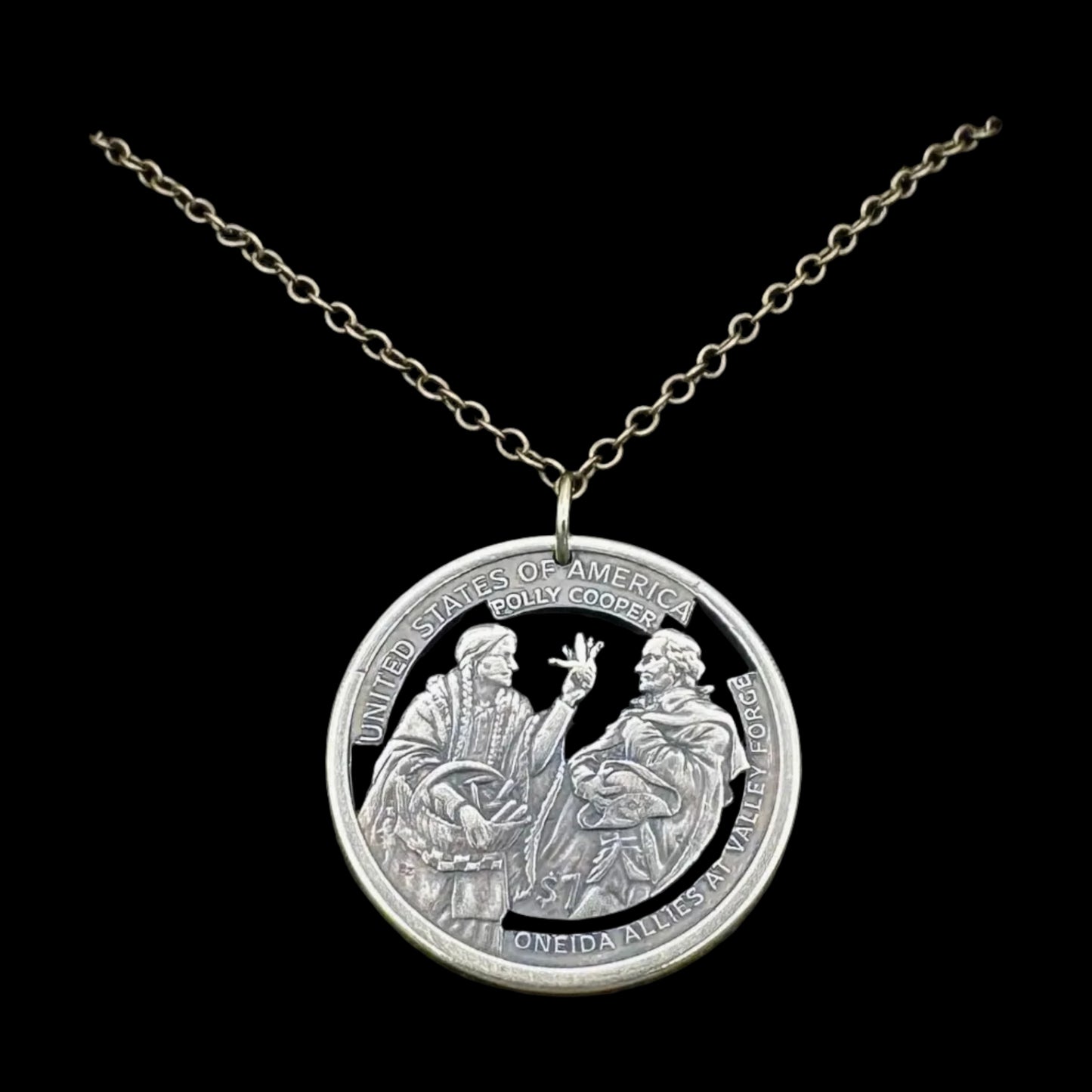 U.S. 2026 Oneida Allies 1 Dollar Hand Cut Coin Necklace with a bronze chain on a black background. - Mountainstruck Coin Jewelry