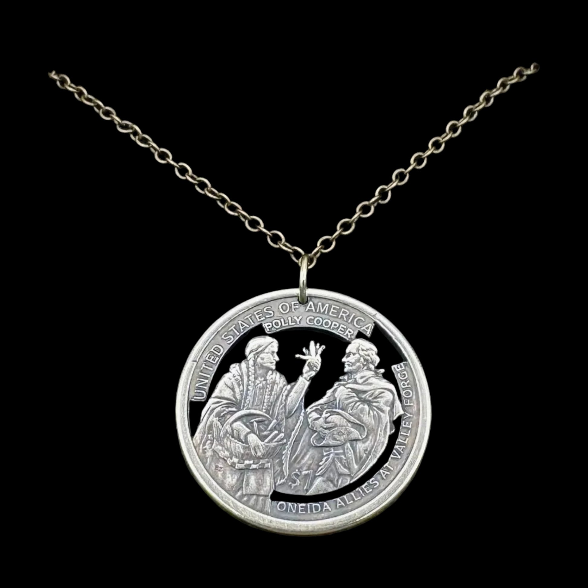 U.S. 2026 Oneida Allies 1 Dollar Hand Cut Coin Necklace with a bronze chain on a black background. - Mountainstruck Coin Jewelry