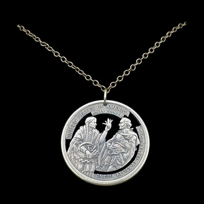 U.S. 2026 Oneida Allies 1 Dollar Hand Cut Coin Necklace with a bronze chain on a black background. - Mountainstruck Coin Jewelry