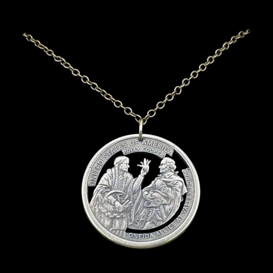 U.S. 2026 Oneida Allies 1 Dollar Hand Cut Coin Necklace with a bronze chain on a black background. - Mountainstruck Coin Jewelry