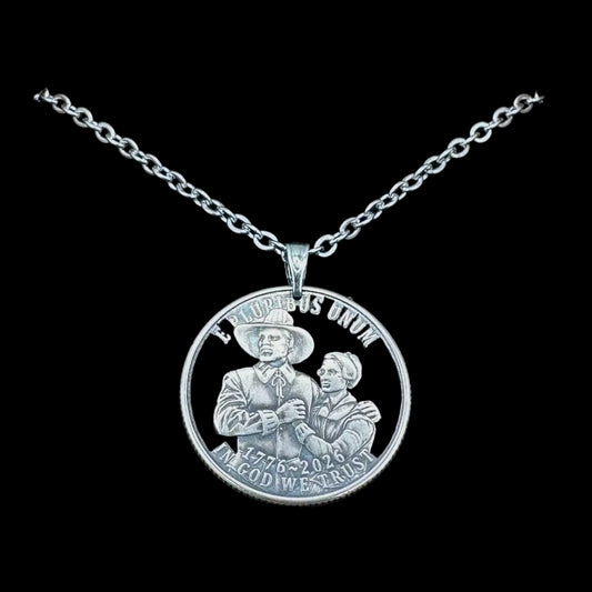 U.S. 2026 "Pilgrim" Quarter Hand Cut Coin Necklace with a stainless chain on a black background. -Mountainstruck Coin Jewelry
