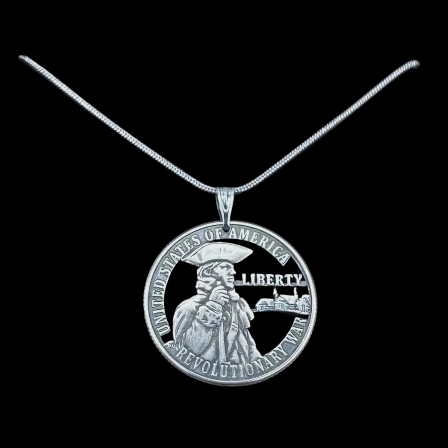 U.S. 2026 "Revolutionary War" Quarter Hand Cut Coin Necklace on a black background. - Mountainstruck Coin Jewelry