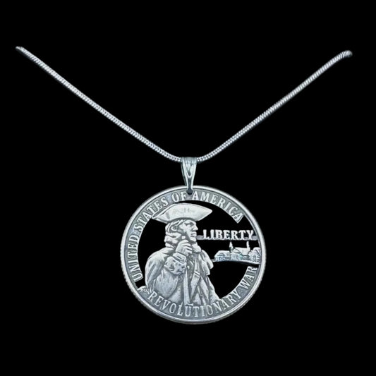 U.S. 2026 "Revolutionary War" Quarter Hand Cut Coin Necklace on a black background. - Mountainstruck Coin Jewelry