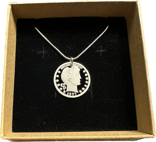 U.S. Barber Quarter Hand Cut Silver Coin Necklace with a snake chain -Mountainstruck Coin Jewelry