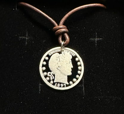 U.S. Barber Quarter Hand Cut Silver Coin Necklace with a leather cord - Mountainstruck Coin Jewelry