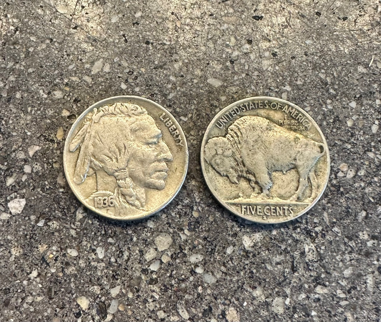 U.S. Buffalo Nickel Coin on a concrete background. Front side of the coin is on the left side of the picture and back side of coin on the right. - Mountainstruck Coin Jewelry