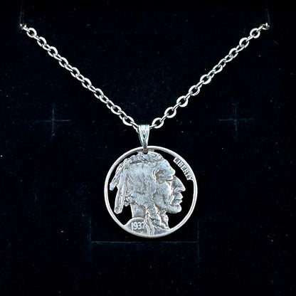 U.S. Buffalo Nickel Hand Cut Coin Necklace (Front) with a stainless chain  on black velvet background. - Mountainstruck Coin Jewelry
