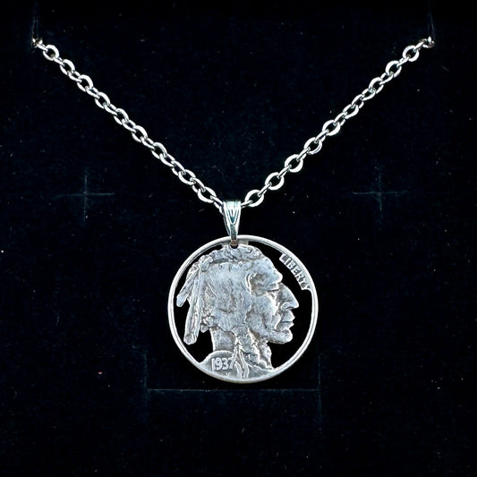 U.S. Buffalo Nickel Hand Cut Coin Necklace (Front) with a stainless chain  on black velvet background. - Mountainstruck Coin Jewelry