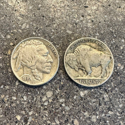 U.S. Buffalo Nickel Coin on a concrete background. Front side of coin on the left side of the picture and back side of coin on the right. - Mountainstruck Coin Jewelry