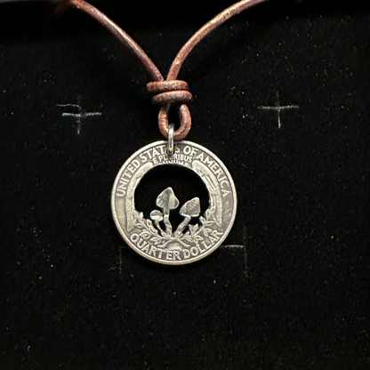 U.S. Custom Mushroom Quarter Hand Cut Coin Necklace with leather cord  - Mountainstruck Coin Jewelry