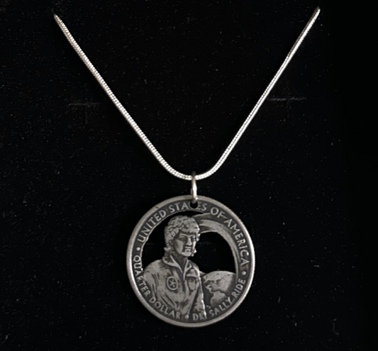 U.S. First American Woman in Space Hand Cut Coin Necklace with a snake chain - Mountainstruck Coin Jewelry