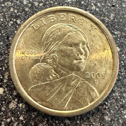 U.S. Flying Eagle Sacajawea One Dollar Coin front on a concrete background. - Mountainstruck Coin Jewelry