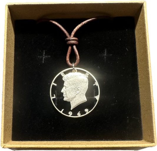 U.S. JFK Half Dollar Hand Cut Silver Coin Necklace with leather cord - Mountainstruck Coin Jewelry