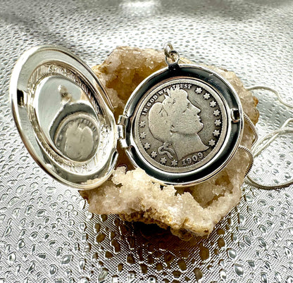 U.S. Mercury Dime Hand Cut Head Picture Locket opened up - Mountainstruck Coin Jewelry