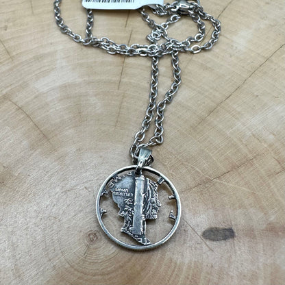 U.S. Mercury Dime Silver Hand Cut Coin Necklace back (stainless chain) in a brown kraft box on a wood background. - Mountainstruck Coin Jewelry