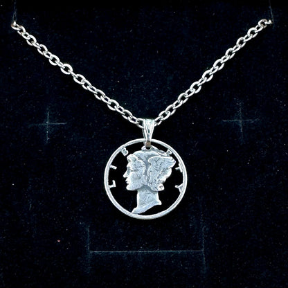 U.S. Mercury Dime Silver Hand Cut Coin Necklace (stainless chain) in a brown kraft box on a black velvet background. - Mountainstruck Coin Jewelry