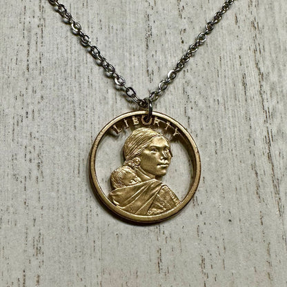 U.S. Sacagawea One Dollar Hand Cut Coin Necklace with stainless chain - Mountainstruck Coin Jewelry