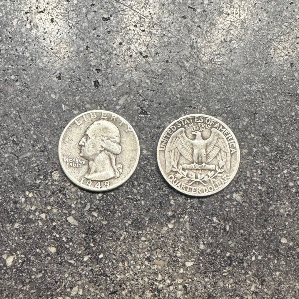 U.S. Silver Quarter Coin with front of coin on the left and back of coin on the right on a concrete background. - Mountainstruck Coin Jewelry