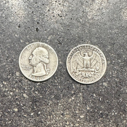 U.S. Silver Quarter Coin with front of coin on the left and back of coin on the right on a concrete background. - Mountainstruck Coin Jewelry