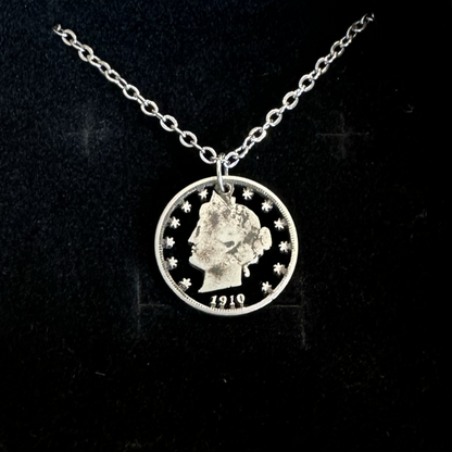 U.S. "V" Nickel Hand Cut Coin Necklace with a stainless chain with a black velvet background. - Mountainstruck Coin Jewelry