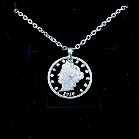U.S. "V" Nickel Hand Cut Coin Necklace with a stainless chain with a black velvet background. - Mountainstruck Coin Jewelry