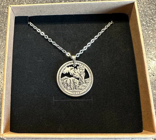 U.S. Yellowstone National Park Quarter Hand Cut Coin Necklace - Mountainstruck Coin Jewelry