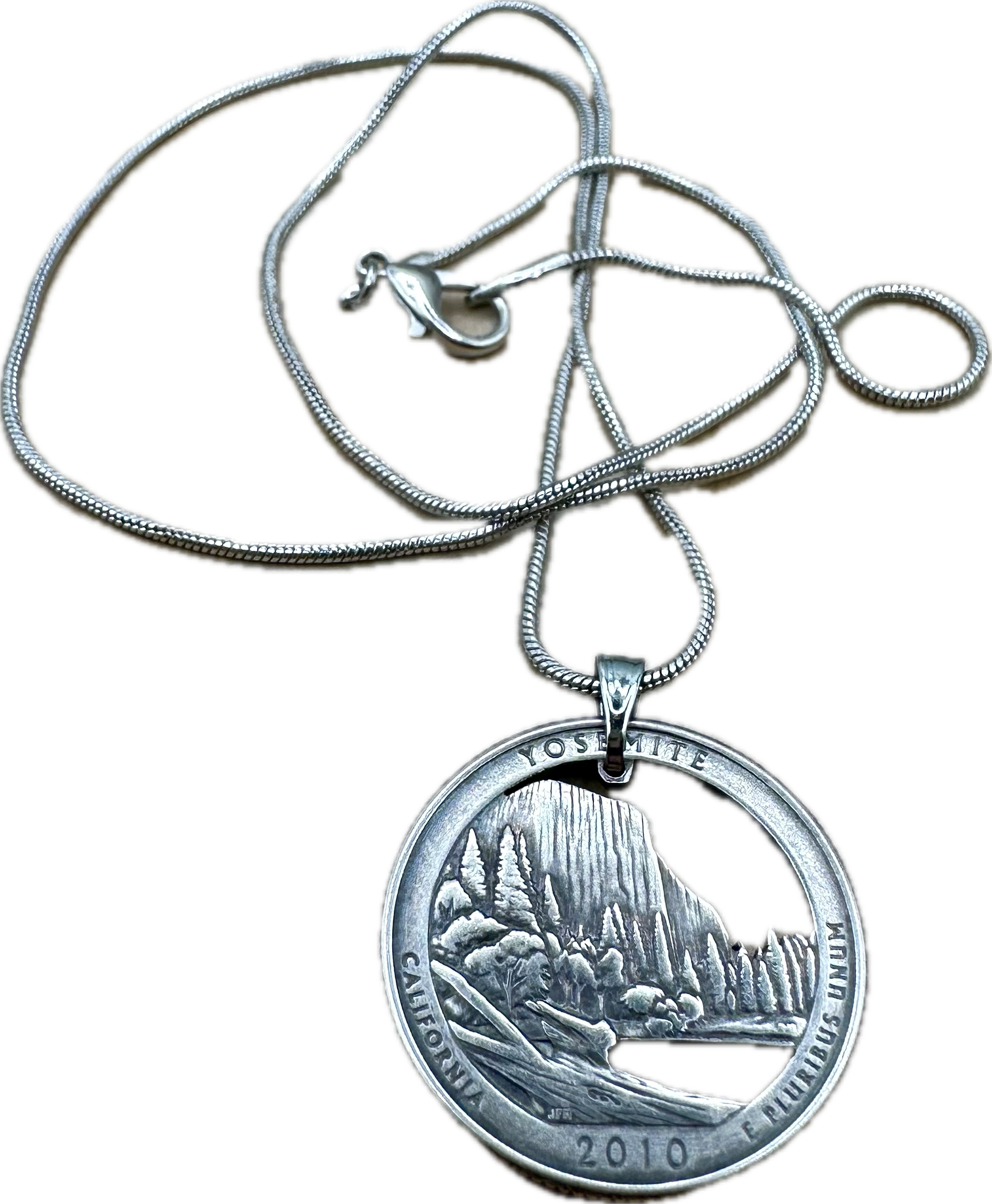 U.S. Yosemite National Park Quarter Hand Cut Coin Necklace with snake chain. - Mountainstruck Coin Jewelry