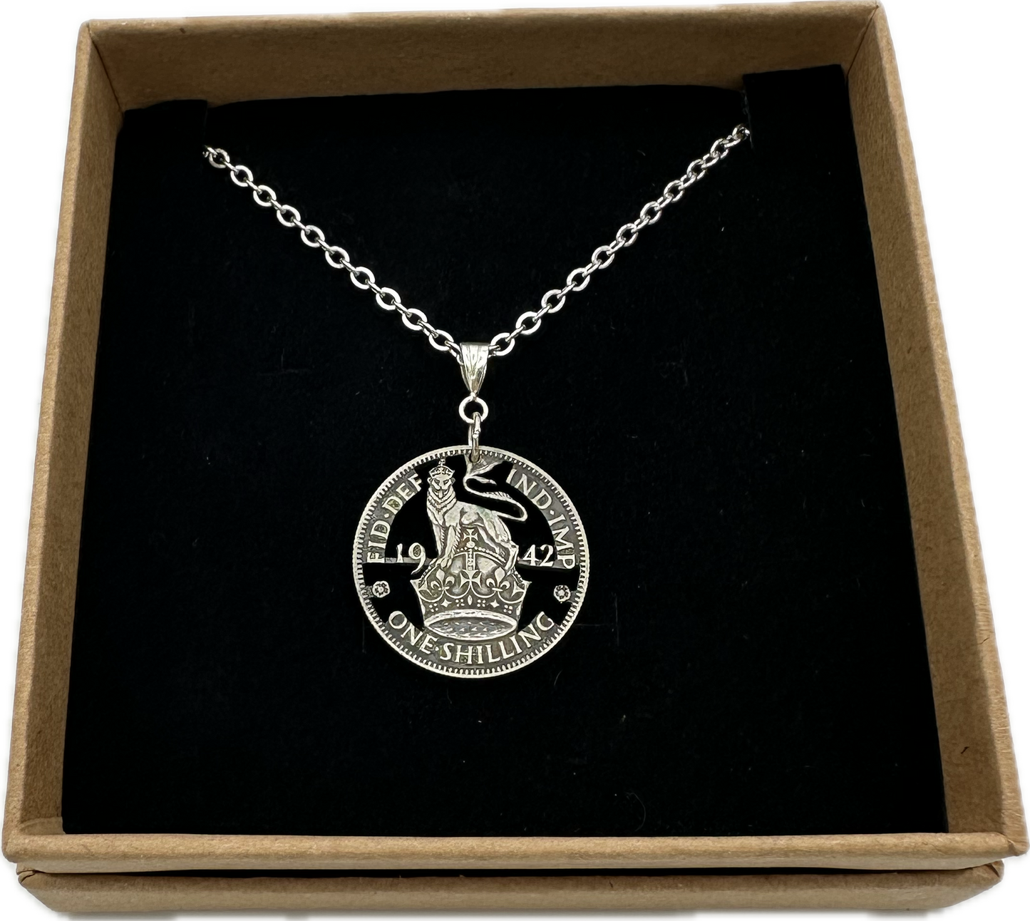 UK One Shilling Hand Cut Silver Coin Necklace with stainless chain - Mountainstruck Coin Jewelry