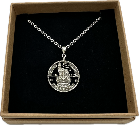 UK One Shilling Hand Cut Silver Coin Necklace with stainless chain - Mountainstruck Coin Jewelry