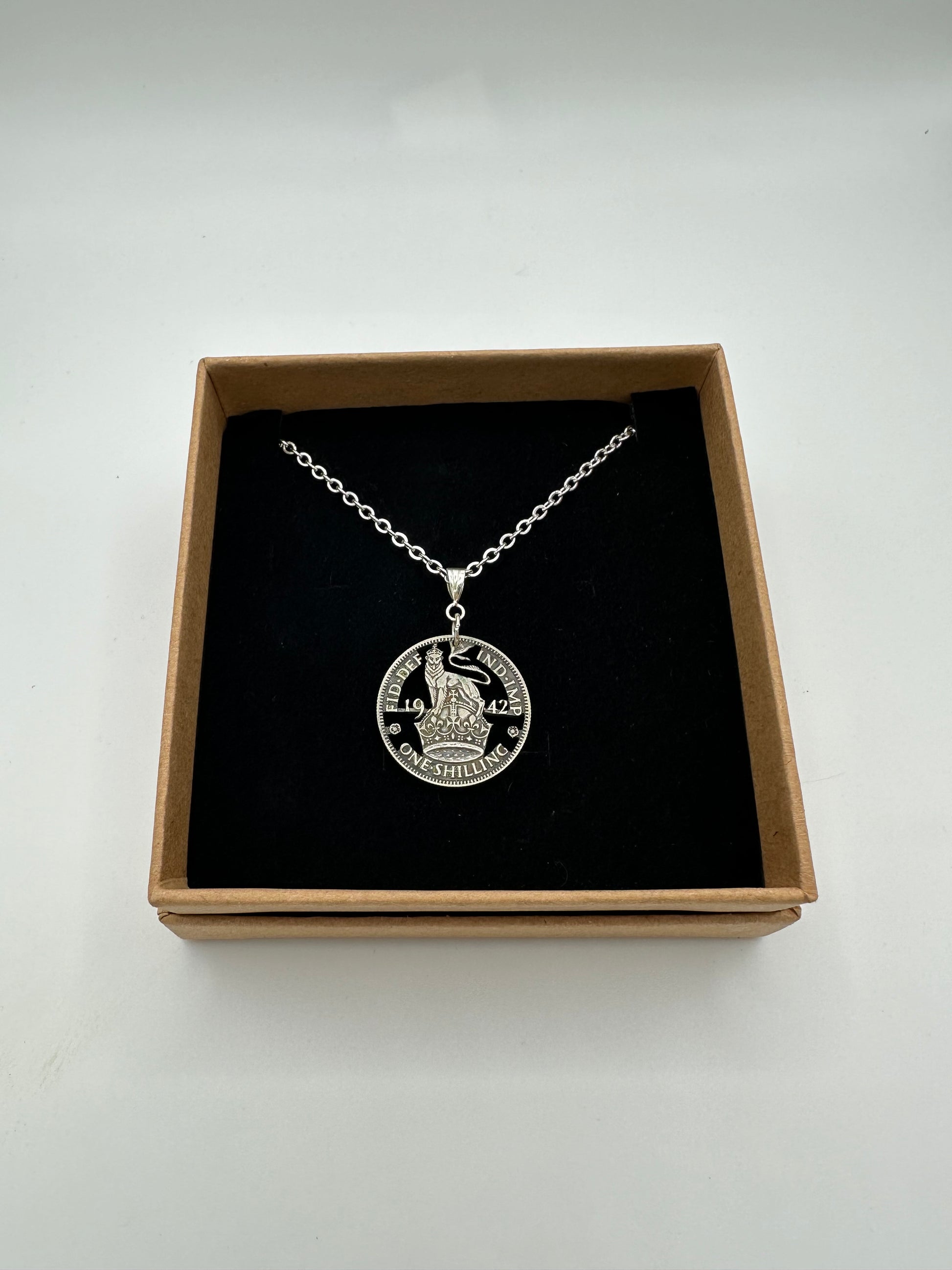 UK One Shilling Hand Cut Silver Coin Necklace with stainless chain - Mountainstruck Coin Jewelry