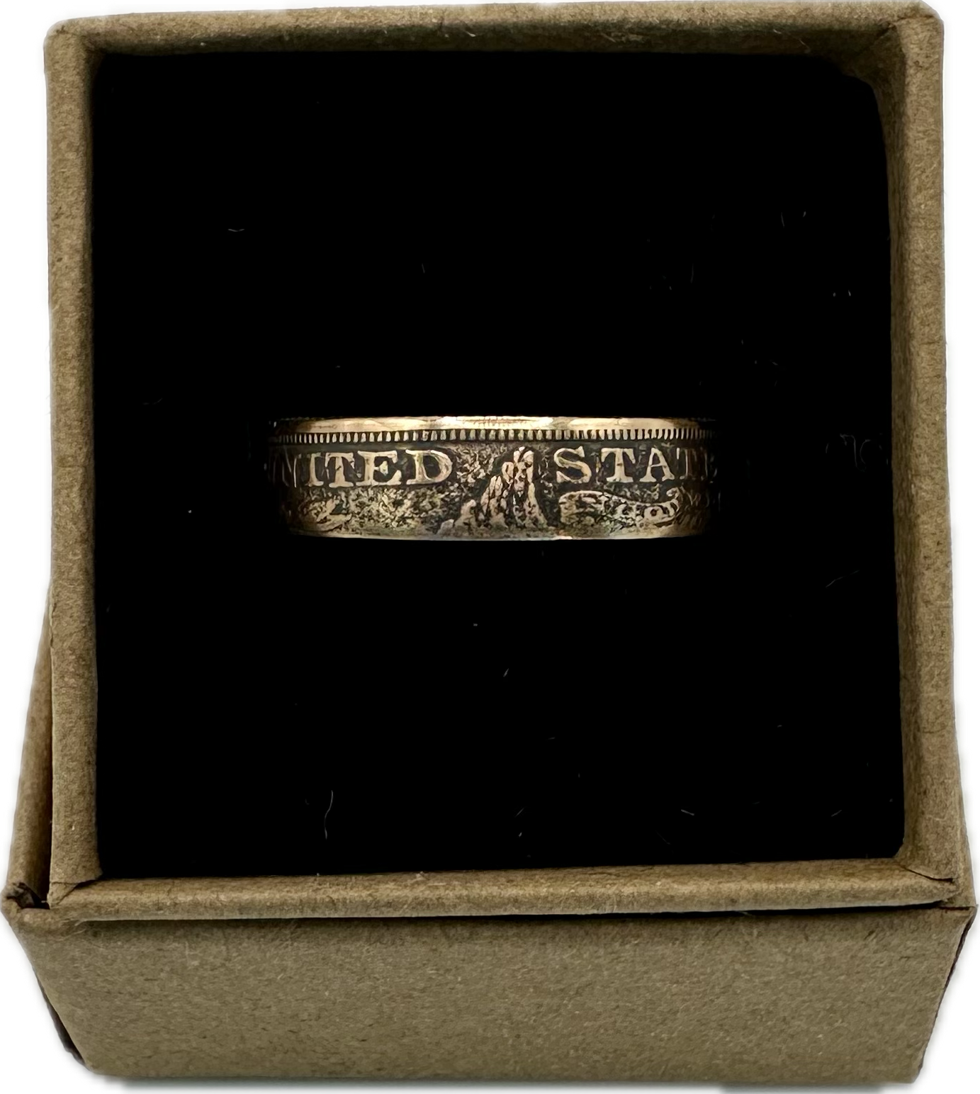 22k U.S. Gold Half Eagle $5 Coin Ring in a brown kraft box on a black velvet background. - Mountainstruck Coin Jewelry