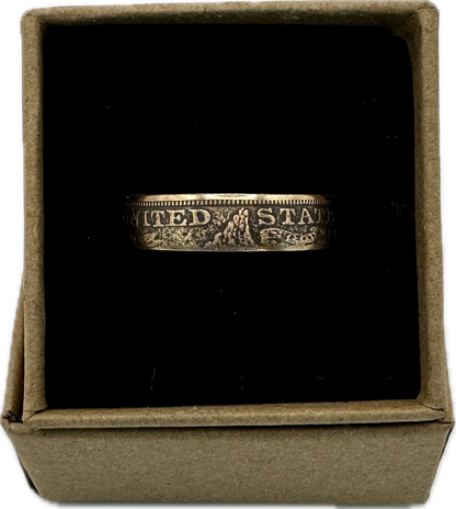 22k U.S. Gold Half Eagle $5 Coin Ring in a brown kraft box on a black velvet background. - Mountainstruck Coin Jewelry