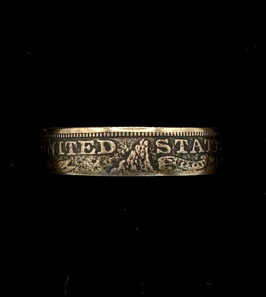 22k U.S. Gold Half Eagle $5 Coin Ring in a brown kraft box on a black velvet background. - Mountainstruck Coin Jewelry