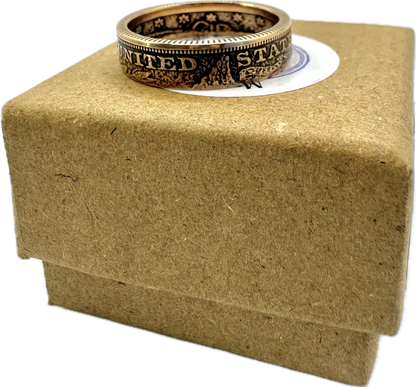 22k U.S. Gold Half Eagle $5 Coin Ring on a brown kraft box. - Mountainstruck Coin Jewelry