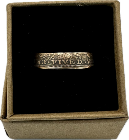 22k U.S. Gold Half Eagle $5 Coin Ring in a brown kraft box on a black velvet background. - Mountainstruck Coin Jewelry