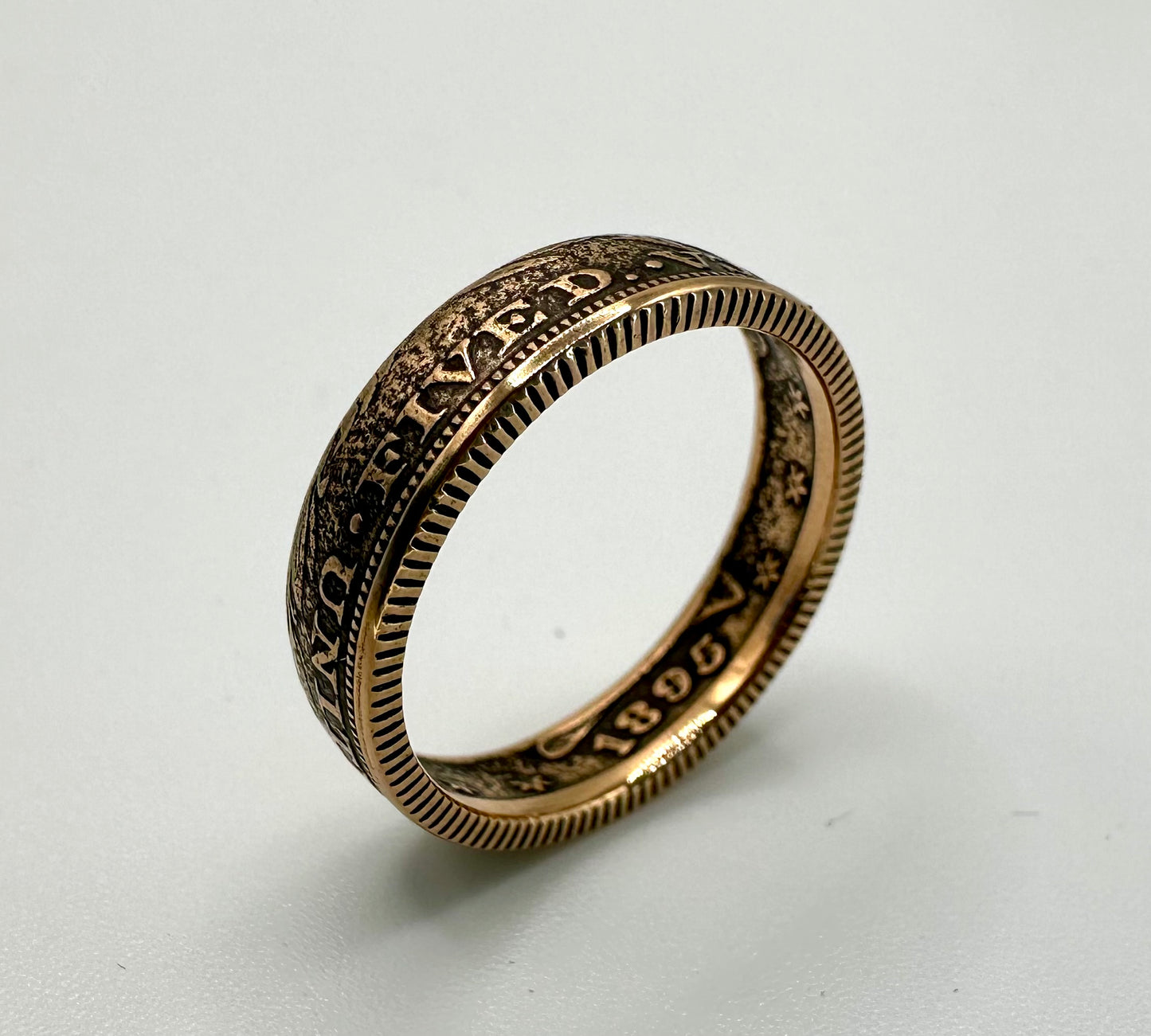 22k U.S. Gold Half Eagle $5 Coin Ring  on its side on a white background. - Mountainstruck Coin Jewelry