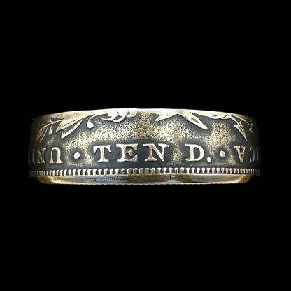 22k U.S. Gold Eagle $10 Coin Ring in a brown kraft box on a black velvet background. - Mountainstruck Coin Jewelry