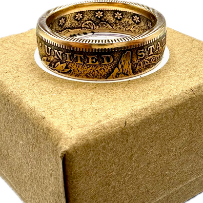 22k U.S. Gold Eagle $10 Coin Ring on a brown kraft box. - Mountainstruck Coin Jewelry