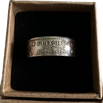 Australia Florin Silver Coin Ring in a brown kraft box on a black velvet background. - Mountainstruck Coin Jewelry