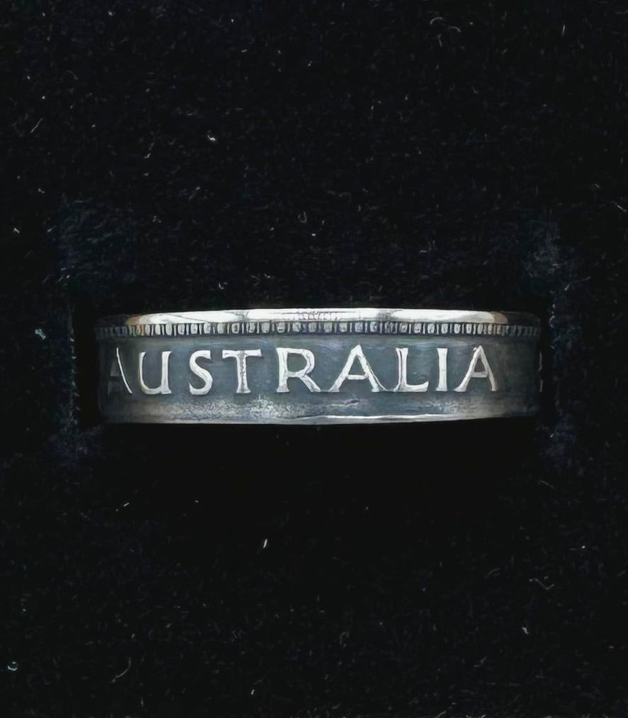 Australia Shilling Silver Coin Ring in a brown kraft box on a black velvet background. - Mountainstruck Coin Jewelry