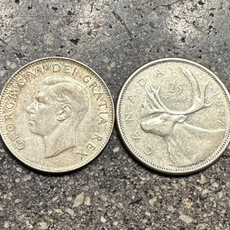 Canada 25 Cents Silver coin on a concrete background. Front of coin on the left and back of coin on the right. - Mountainstruck Coin Jewelry