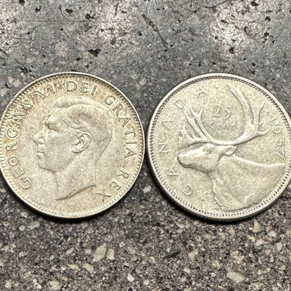 Canada 25 Cents Silver coin on a concrete background. Front of coin on the left and back of coin on the right. - Mountainstruck Coin Jewelry
